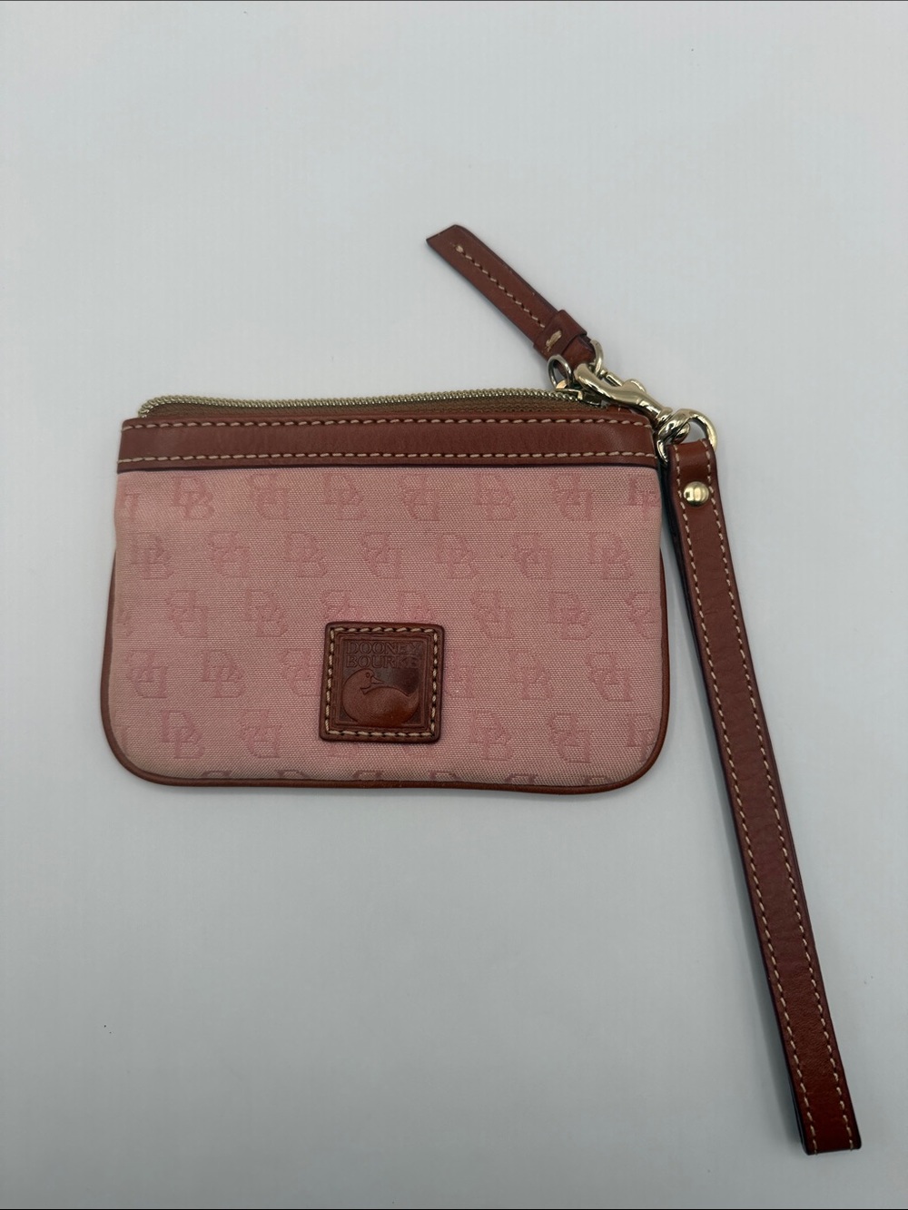 Dooney & Bourke Pink Monogram Wristlet with Brown Leather Trim